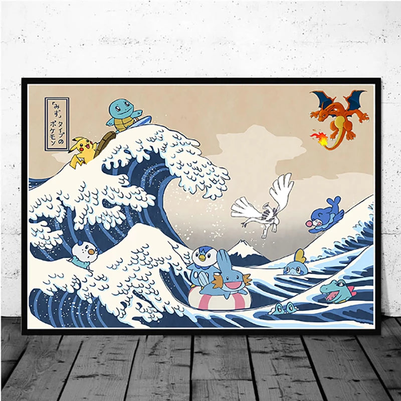 Pokémon Pikachu Great Wave of Kanagawa Canvas Wall Art – Anime Comic Poster Home Decor