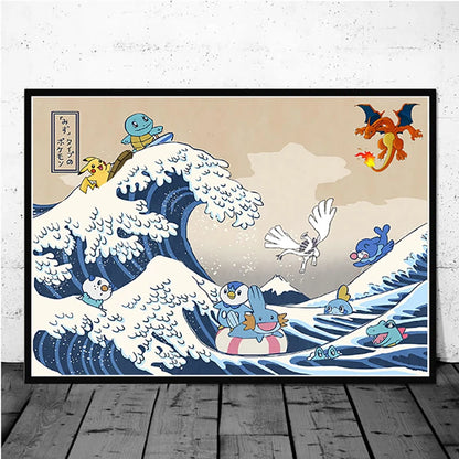 Pokémon Pikachu Great Wave of Kanagawa Canvas Wall Art – Anime Comic Poster Home Decor