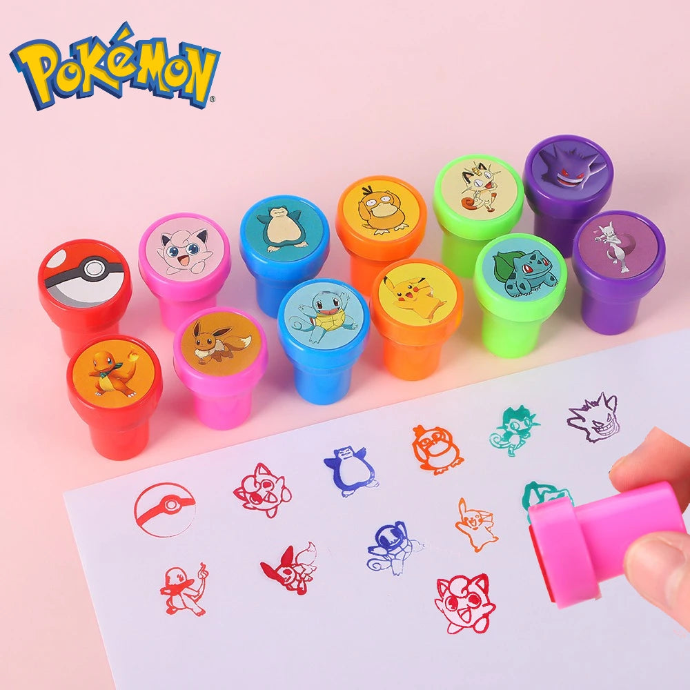 12pcs Pokémon Stamps Anime Figure Set – Cartoon Seal Cute Pikachu, Eevee & Gengar DIY Pattern Children Painting Toys Birthday Gift