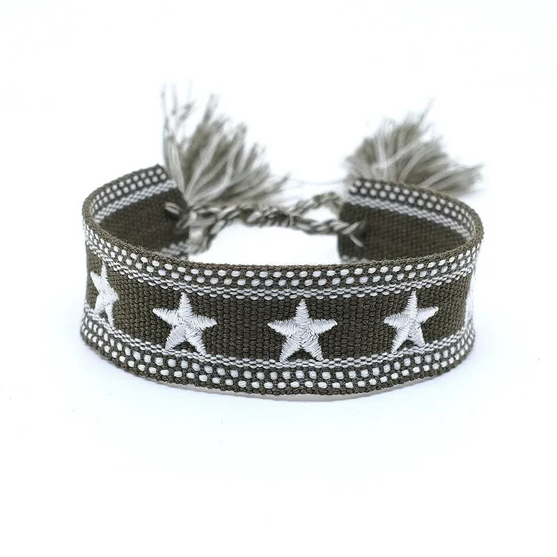 Pulsera de estrella bordada bohemia – Correa de muñeca tejida a mano con borlas para mujer | Regalo de joyería de moda étnica