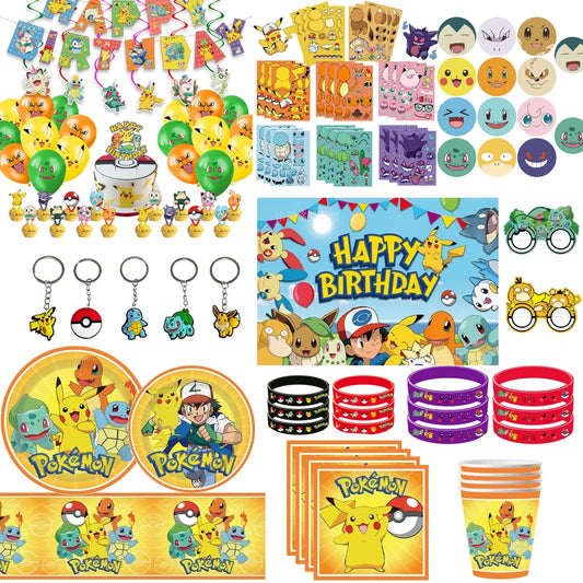 Set de decoración para fiesta de cumpleaños de Pokémon – Globos, llaveros, servilletas, pegatinas, vajilla, platos y mantel, artículos y recuerdos para fiesta