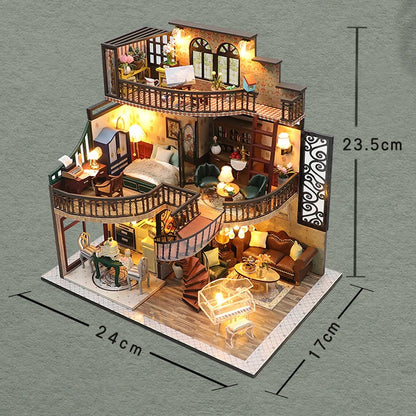 Wooden Dollhouse 3D Puzzle Kit – DIY Miniature Room Model with Furniture & LED Lights Home Decoration