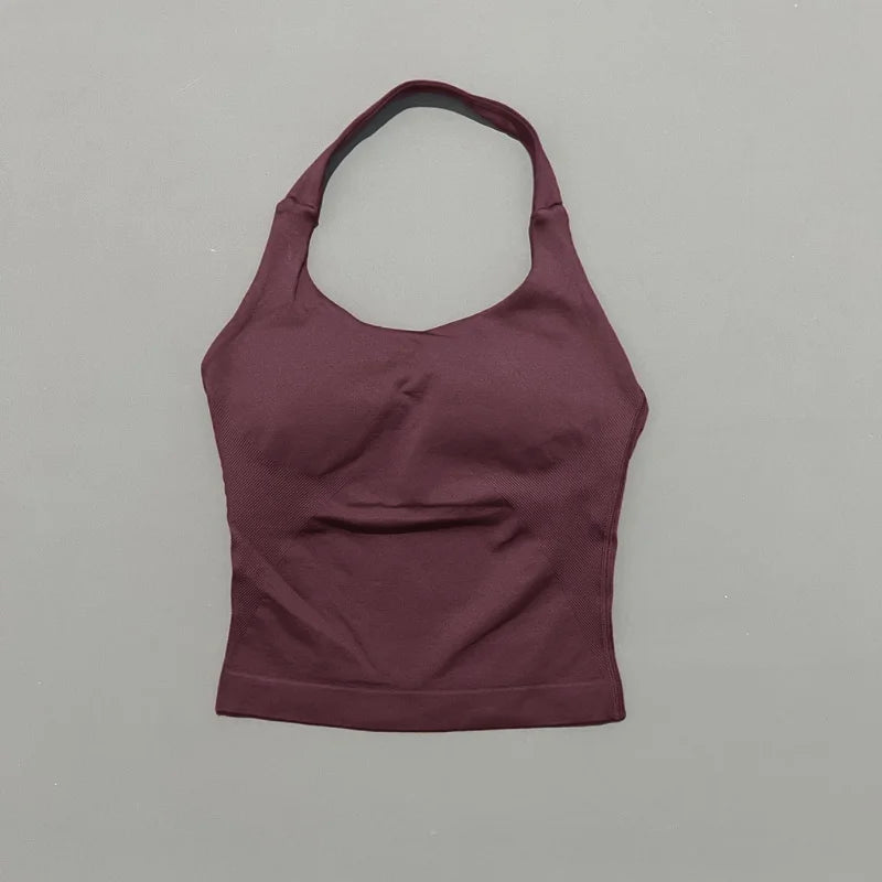 HISTELLO Women’s Seamless Longline Halter Sports Top – Built-in Bra with Removable Cups Yoga & Gym Tank Activewear