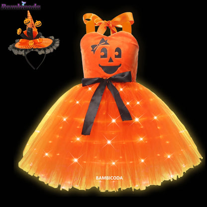 Girls LED Light-Up Witch Costume Dress – Halloween Vampire Cosplay Outfit for Carnival, Masquerade, Performance & Pumpkin Parties