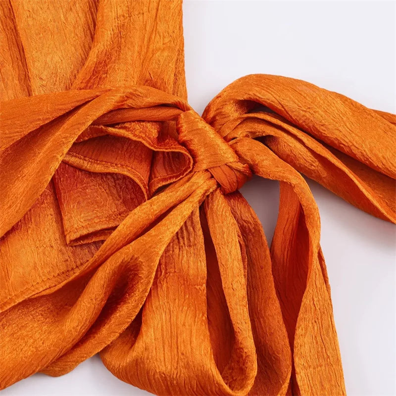 Women’s 2026 Spring Orange Sleeveless Satin Top Long Ribbon Elegant Stylish Fashion Blouse