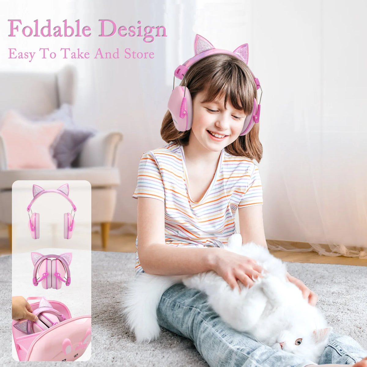 Cute Pink Cat Ear Kids Earmuffs – Adjustable Anti-Noise Hearing Protection for Children, Noise-Reducing Ear Protectors for Study, Sleep & Quiet Time