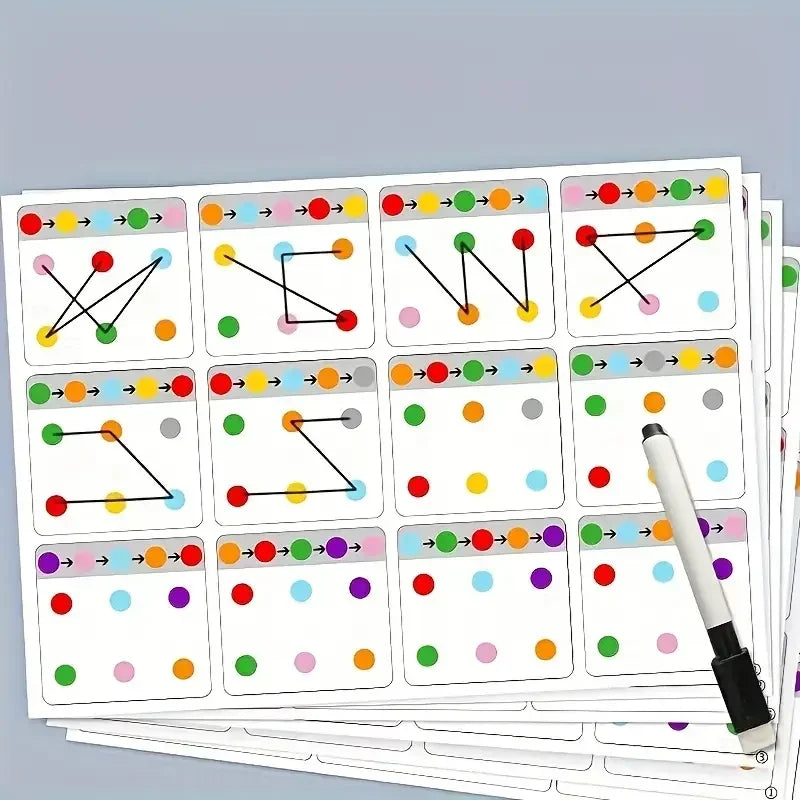 Tarjetas Reutilizables de Entrenamiento A4 para Niños – Tarjetas Didácticas de 12 Páginas con Bolígrafo Borrable, Ejercicios de Memoria Visual y Concentración, Herramienta Educativa de Práctica para Niños