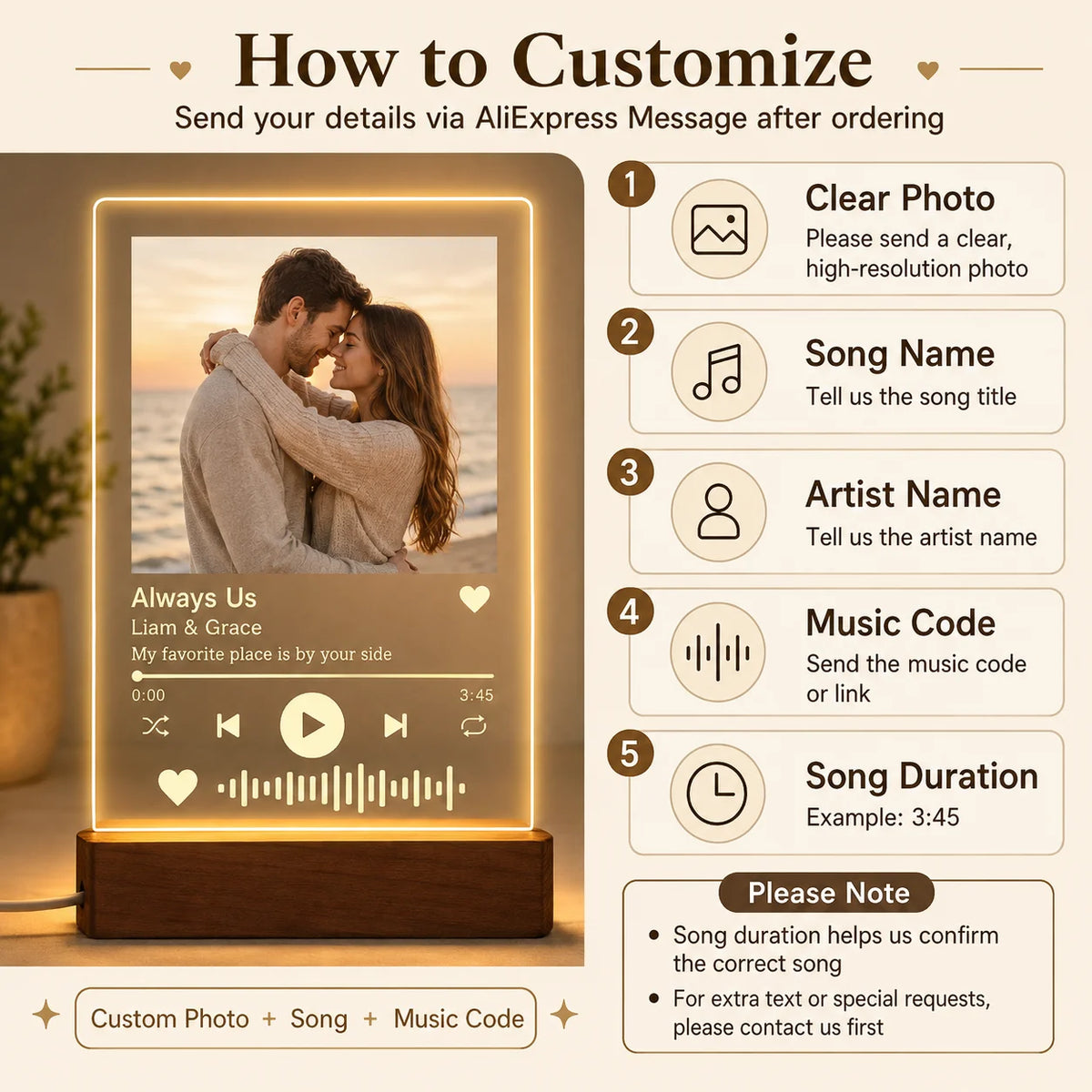 Personalized Acrylic Music Photo Plaque with LED Night Light – Custom Spotify-Style Song Gift for Couples, Anniversaries, Birthdays & Christmas