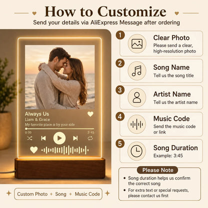 Personalized Acrylic Music Photo Plaque with LED Night Light – Custom Spotify-Style Song Gift for Couples, Anniversaries, Birthdays & Christmas