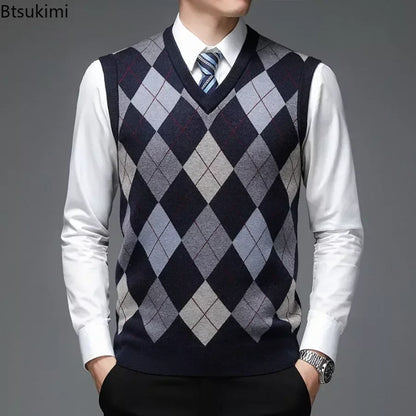 2026 Men’s Casual Knitted Sweater Vest – V-Neck Jacquard Plaid Sleeveless Pullover Top for Business, Office & Everyday Wear