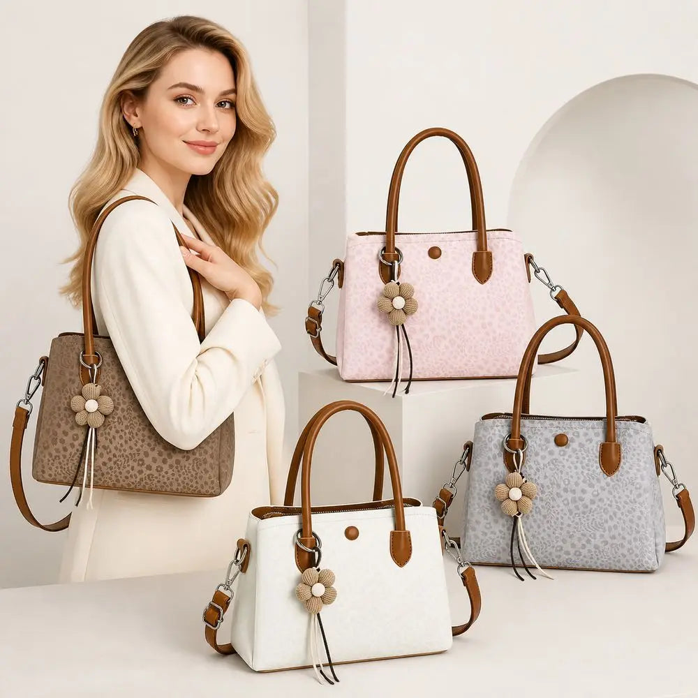 Women's PU Leopard Print Handbag – Large-Capacity Multi-Layer Shoulder & Hand Carry Bag with Textured Finish and Pendant Detail