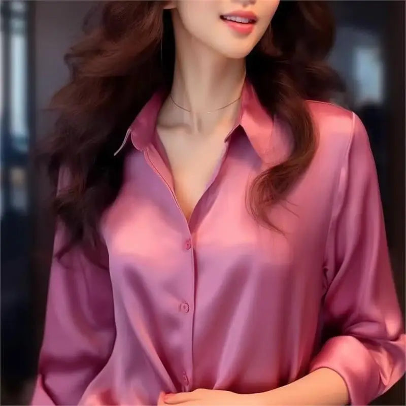 Chemisier en Soie Satinée à Manches Longues pour Femme – Chemise de Bureau Élégante Ample Boutonnée, Haut de Travail Professionnel d'Automne