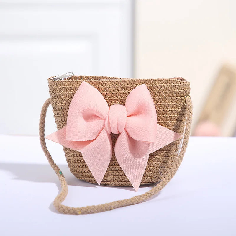 Bolso cruzado de paja con lazo rosa para niñas, cartera de mensajero tejida de princesa para niños con cremallera