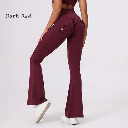 DIAS FIT JOY Pantalon de yoga évasé taille haute pour femme – Legging patte d'éléphant push-up avec poches, pantalon d'entraînement à séchage rapide pour la course, la gym, le fitness et l'exercice