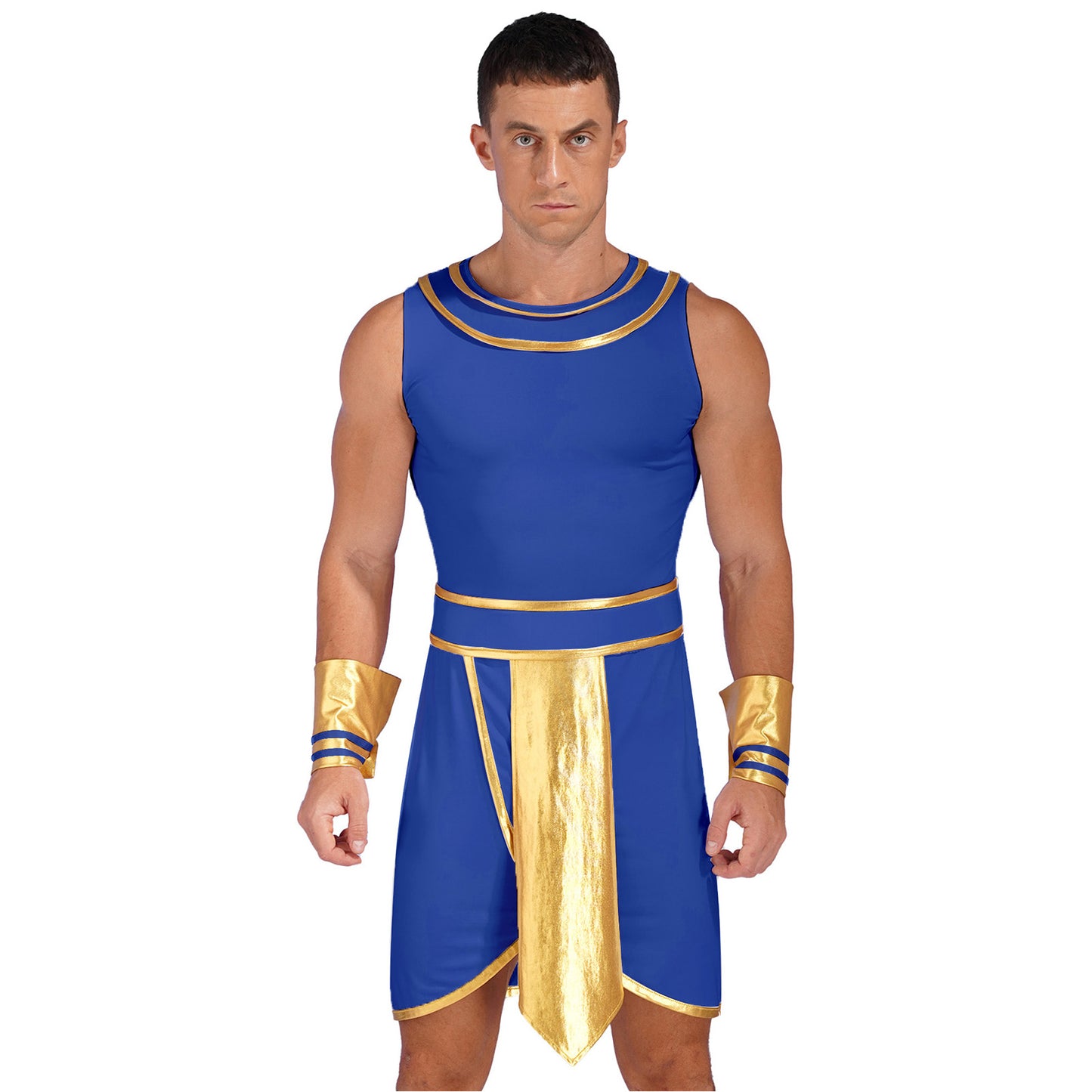 Men’s Ancient Greek & Egyptian Pharaoh Cosplay Costume – Metallic Shiny Toga Robe with Sleeves for Halloween & Roleplay