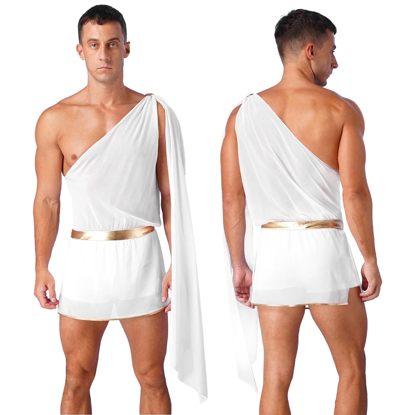 Men’s Ancient Greek & Egyptian Pharaoh Cosplay Costume – Metallic Shiny Toga Robe with Sleeves for Halloween & Roleplay