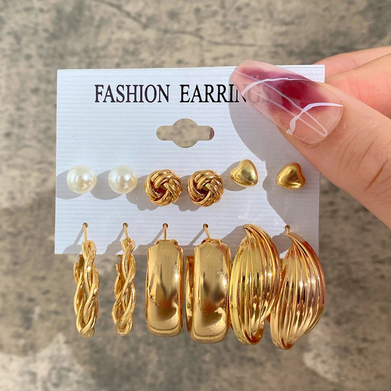 Boucles d'oreilles créoles dorées grand cercle pour femmes, ensemble bohème vintage, perle, cœur, zircon, clous, bijoux cadeau
