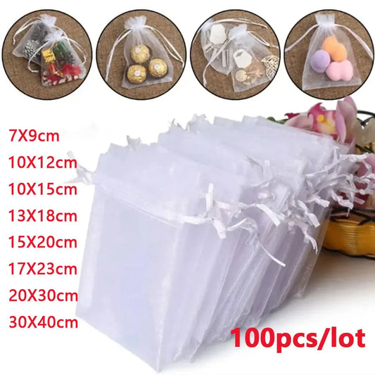 100 Bolsas de Regalo de Organza – Bolsitas de Joyería con Cordón en Múltiples Tamaños para Recuerdos de Boda, Decoraciones de Fiesta, Empaque de Caramelos y Envoltura de Regalos