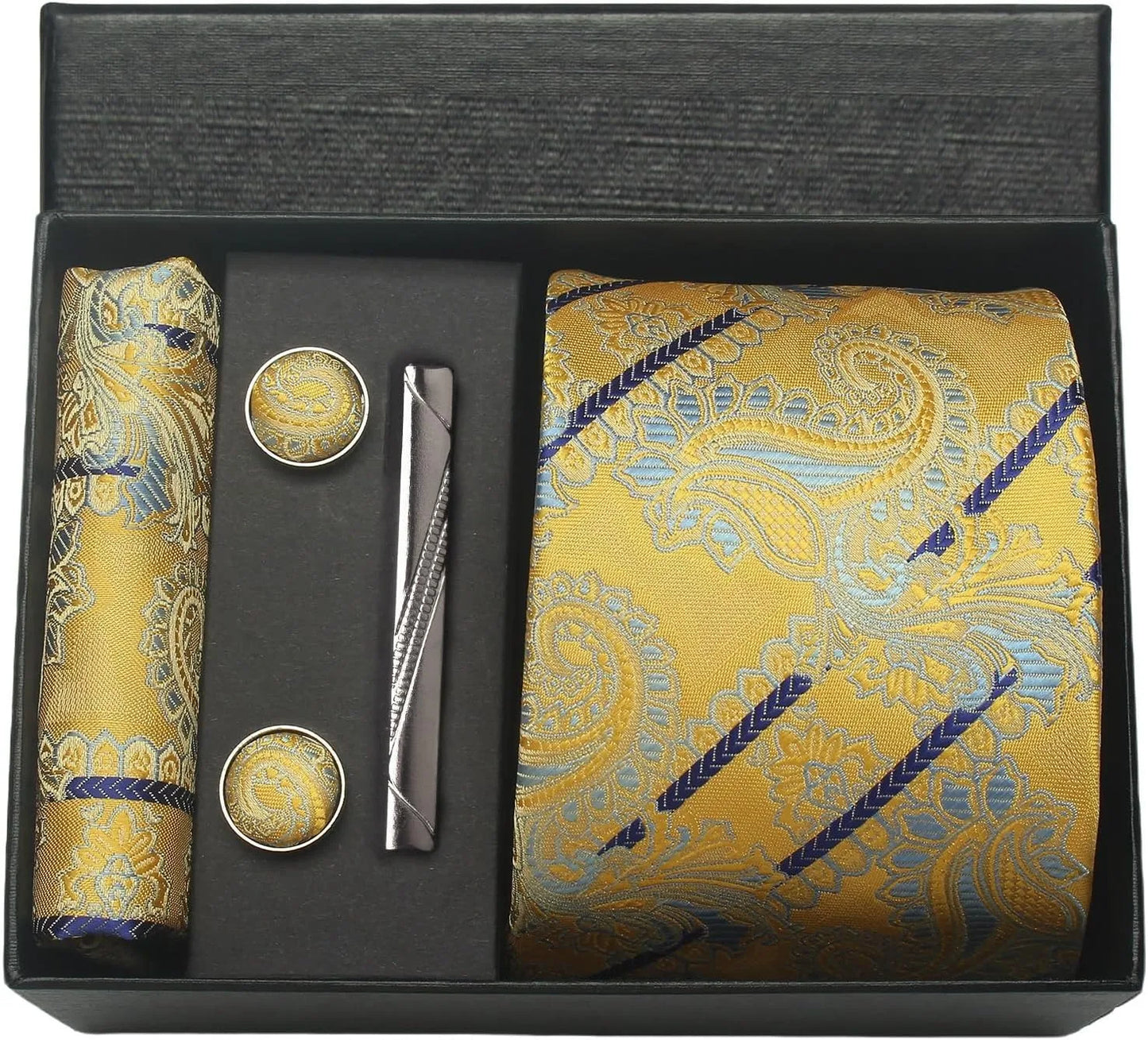 Corbata de seda 100% con diseño floral de Paisley para hombre con pañuelo de bolsillo, pasador de corbata y gemelos en caja de regalo