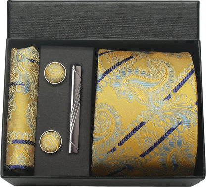Corbata de seda 100% con diseño floral de Paisley para hombre con pañuelo de bolsillo, pasador de corbata y gemelos en caja de regalo