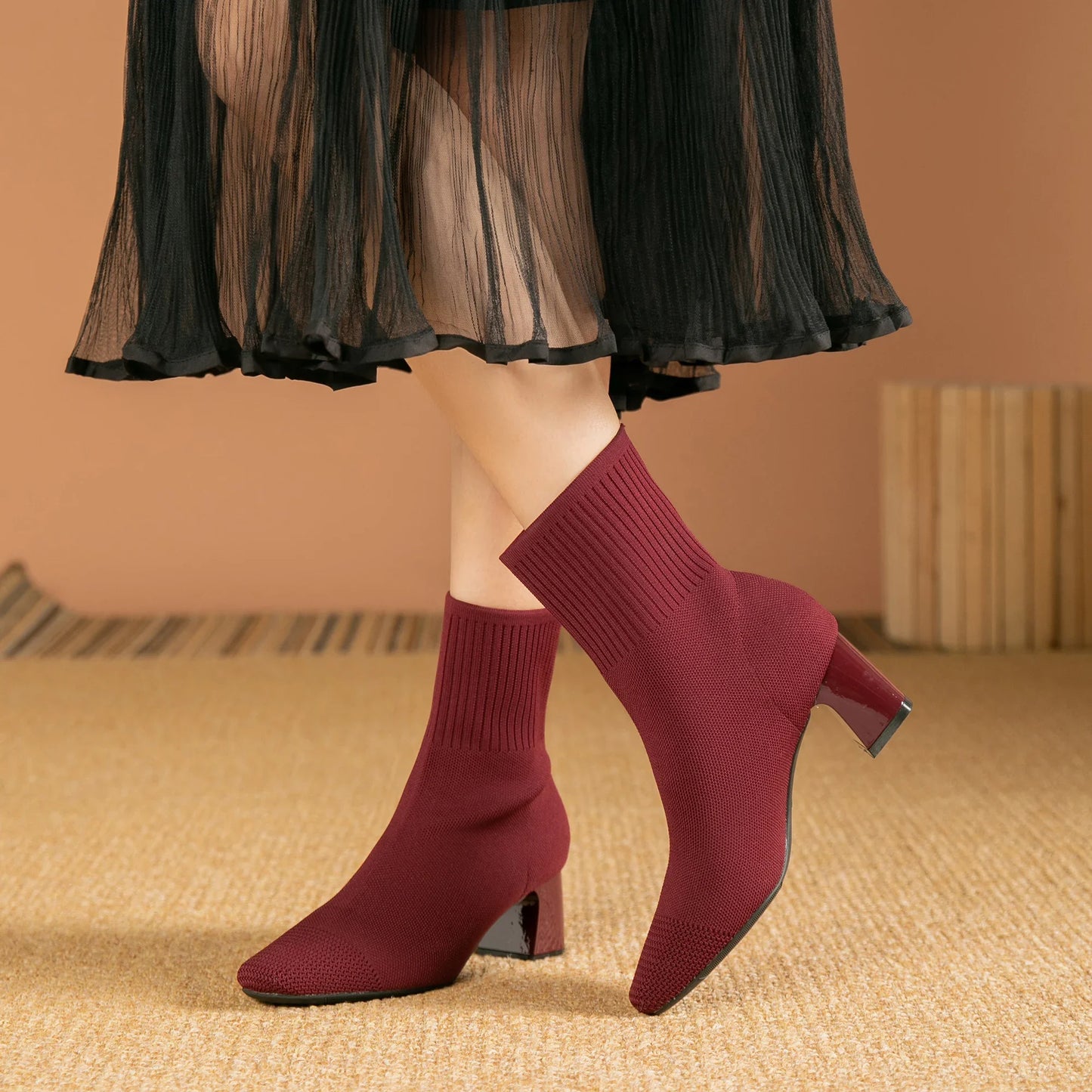 Women's Knitted Sock Boots – Pointed Toe High Heel Mid-Calf Boots, Stretch Fabric Slip-On Design for Spring & Autumn, Plus Size 43