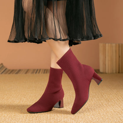 Women's Knitted Sock Boots – Pointed Toe High Heel Mid-Calf Boots, Stretch Fabric Slip-On Design for Spring & Autumn, Plus Size 43