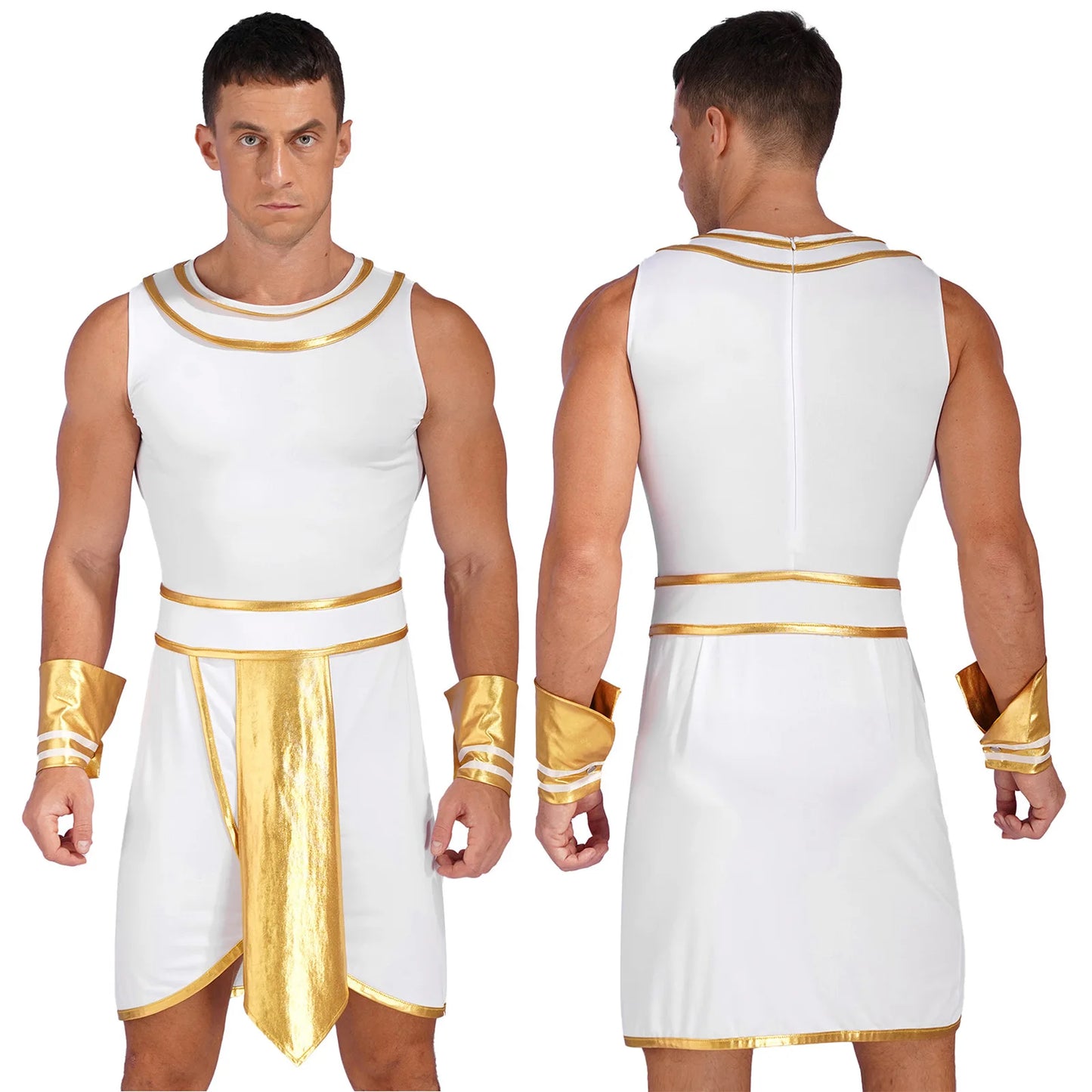 Men’s Ancient Greek & Egyptian Pharaoh Cosplay Costume – Metallic Shiny Toga Robe with Sleeves for Halloween & Roleplay