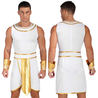 Men’s Ancient Greek & Egyptian Pharaoh Cosplay Costume – Metallic Shiny Toga Robe with Sleeves for Halloween & Roleplay