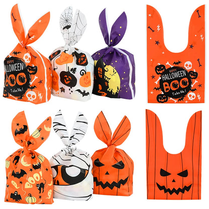 25/50PCS Halloween Candy Bags – Rabbit Ear Pumpkin Plastic Treat Bags for Candy, Cookies & Desserts, DIY Packaging for Kids’ Halloween Parties