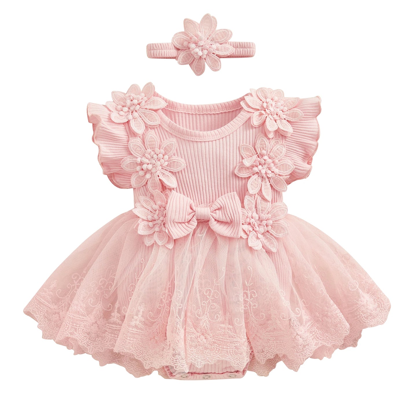 Vestido de mameluco 3D con flores para bebé – Body de malla de princesa de verano con volantes de encaje, conjunto de recién nacido con diadema a juego, ropa linda para niños para ocasiones especiales y uso diario