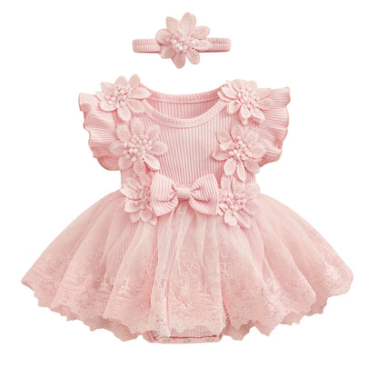 Vestido de mameluco 3D con flores para bebé – Body de malla de princesa de verano con volantes de encaje, conjunto de recién nacido con diadema a juego, ropa linda para niños para ocasiones especiales y uso diario