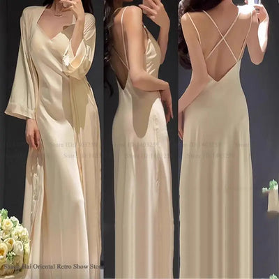 Women’s 2PCS Sleepwear Set – Backless Suspender Nightgown & Long Robe Elegant Sexy Loungewear Dress