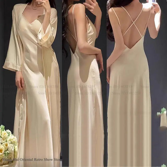 Conjunto de pijama de 2 piezas para mujer – Camisón sin espalda con tirantes y bata larga, vestido elegante y sexy para estar en casa