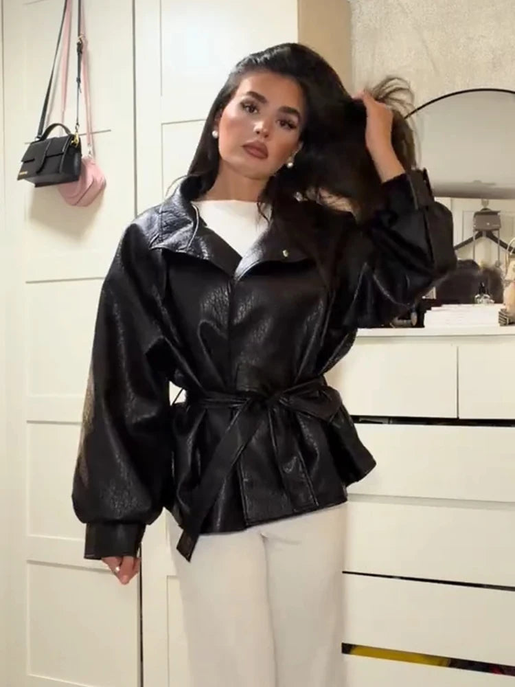 Women’s PU Leather Jacket – High Neck Long-Sleeve Coat with Single-Breasted Closure & Belted Loose Fit, Chic Autumn Outerwear