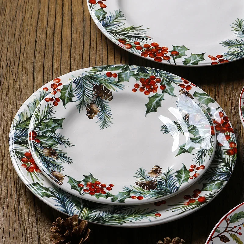 Christmas Ceramic Dinner Plate Set – Round Underglaze Flat Plates for Dim Sum, Sushi, Dining & Decorative Tableware