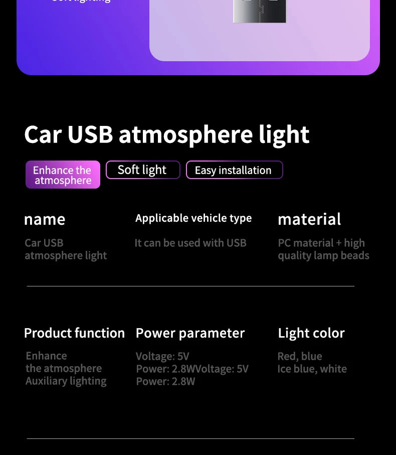 Universal USB LED Car Interior Ambient Light – Plug & Play Mood Lamp for Reading & Interior Décor