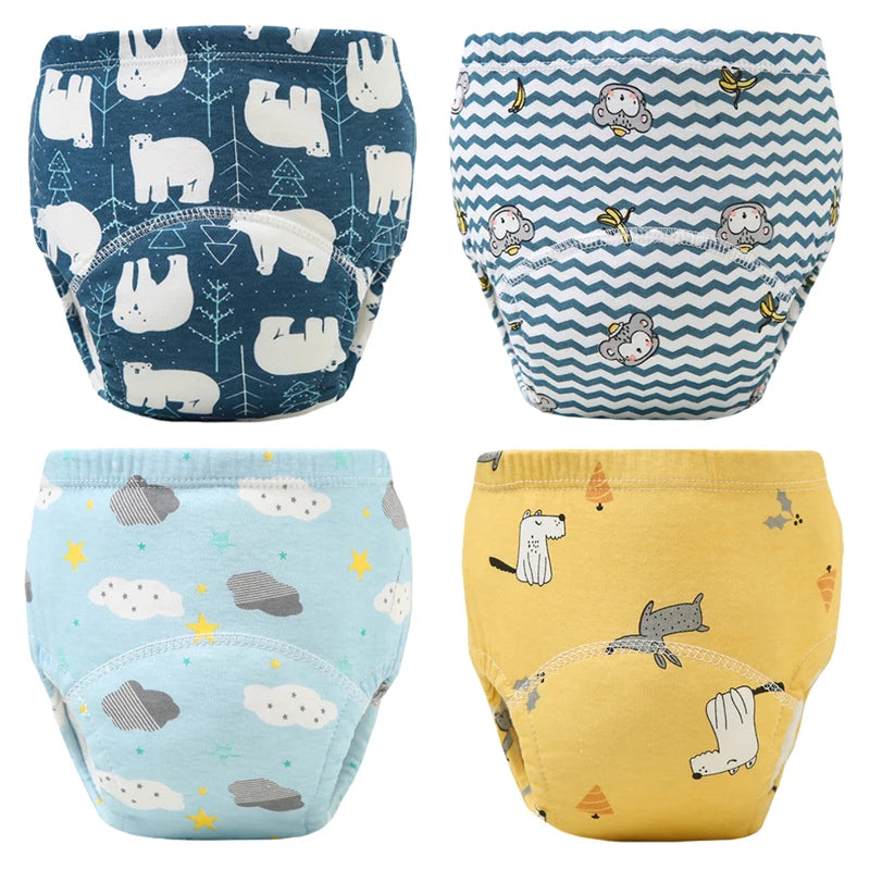Culottes d'apprentissage de la propreté imperméables réutilisables (lot de 4) – Sous-vêtements d'entraînement en coton doux pour bébés garçons et filles avec protection anti-fuites