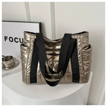 Sac à bandoulière matelassé pour femmes – Grand sac fourre-tout en nylon pour l'hiver 2025, motif en coton chaud, sac à main de voyage décontracté et tendance