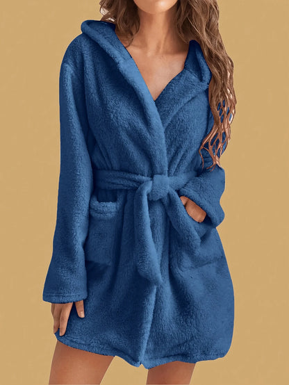 Women’s Hooded Fleece Robe – Solid Color Cozy Warm Bathrobe with Belt for Autumn & Winter Home Wear