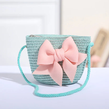 Bolso cruzado de paja con lazo rosa para niñas, cartera de mensajero tejida de princesa para niños con cremallera