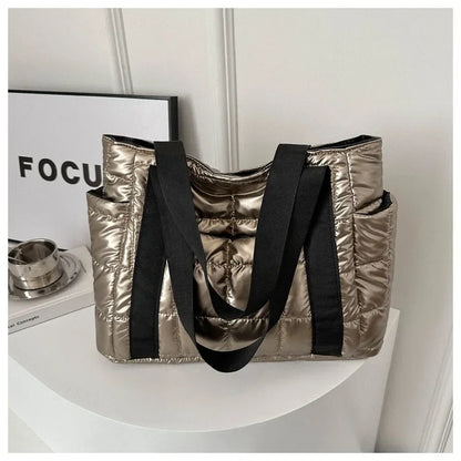 Sac à bandoulière matelassé pour femmes – Grand sac fourre-tout en nylon pour l'hiver 2025, motif en coton chaud, sac à main de voyage décontracté et tendance