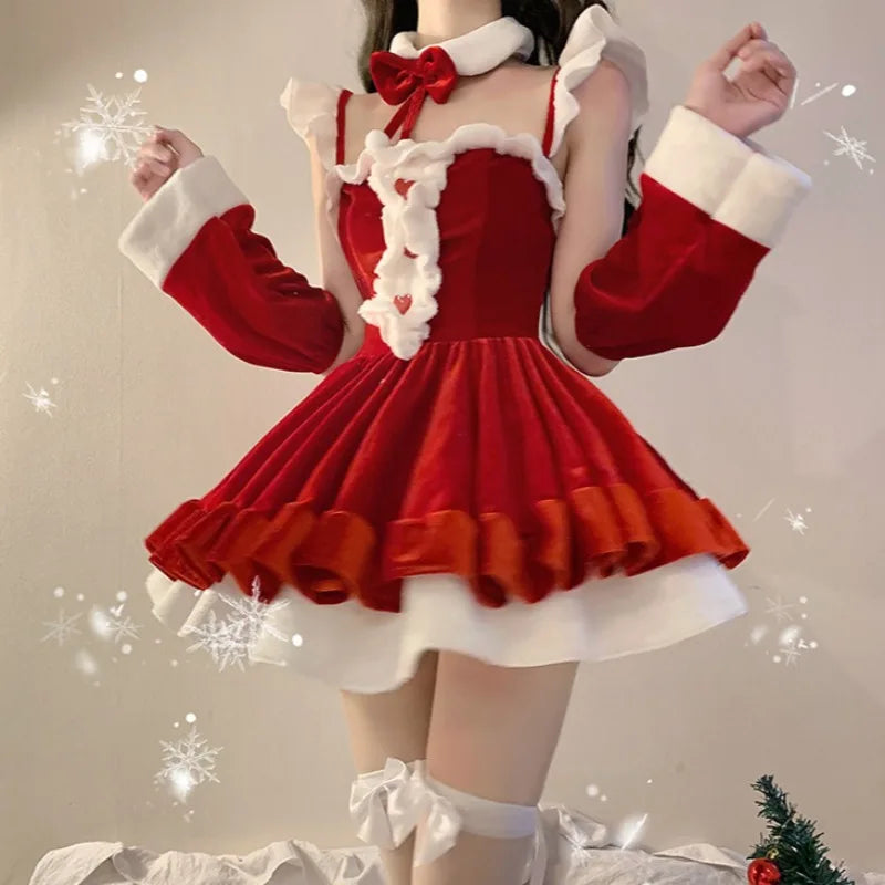 Women's Sexy Christmas Lolita Santa Costume, Red and White Short Skirt Dress, Elegant Santa Claus Cosplay Outfit for Christmas Parties, Holiday Events and Roleplay Garment