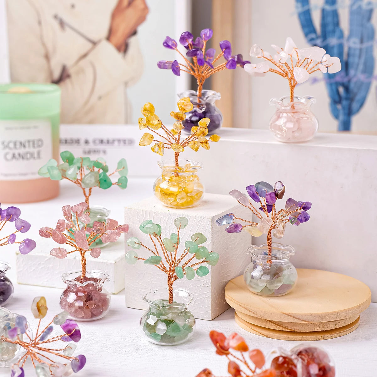 Arbre à vœux en cristal naturel – Arbre à vœux bonsaï en cristal Feng Shui de guérison Reiki pour la décoration de la maison, du bureau et de la table