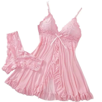 Chemise de nuit à col en V en dentelle pour femme – Robe de nuit en satin doux, vêtement de nuit et de détente confortable pleine longueur