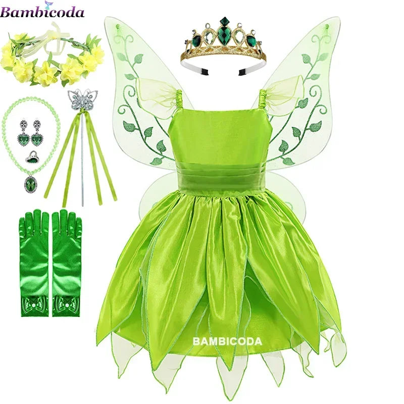 Girls Tinker Bell Costume – Green Fairy Princess Fancy Dress for Halloween, Birthday Parties & Cosplay, Ages 2–10Y