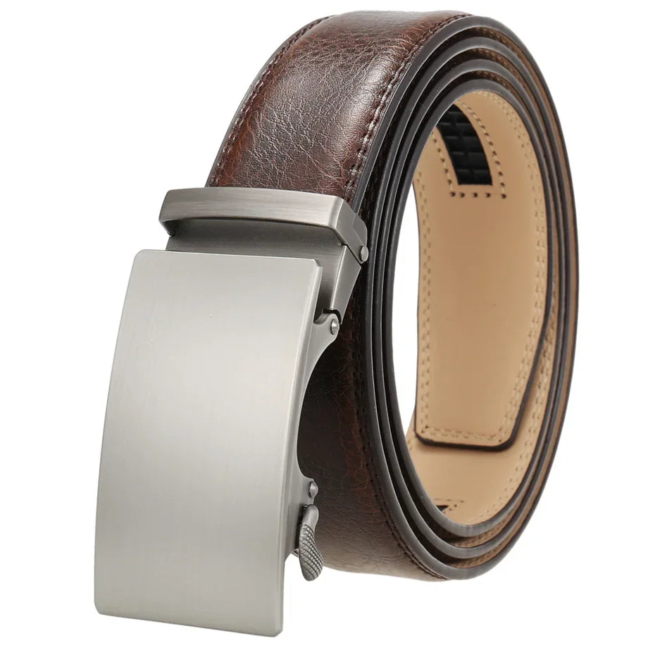 Plyesxale Men's Brown Leather Belt 2026 – Automatic Buckle Vintage Belt for Jeans, Luxury-Style Casual Waist Strap, Ceinture Homme B9