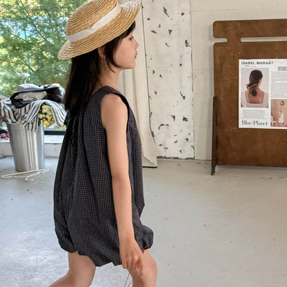 Deer Jonmi 2026 Mono a cuadros de verano para bebé niña – Pelele linterna sin mangas estilo coreano, body informal de ajuste holgado para niños, conjunto de verano cómodo para bebés y niñas