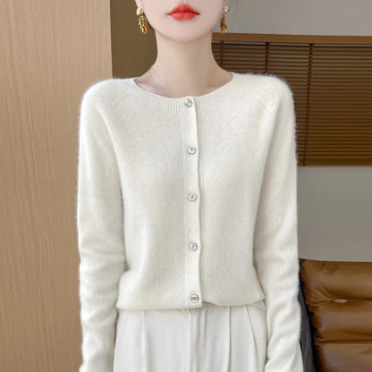 Women's 100% Merino Wool Long-Sleeve Sweater – O-Neck Knit Cardigan-Style Top for Spring & Autumn, Soft Basic Fashion Knitwear