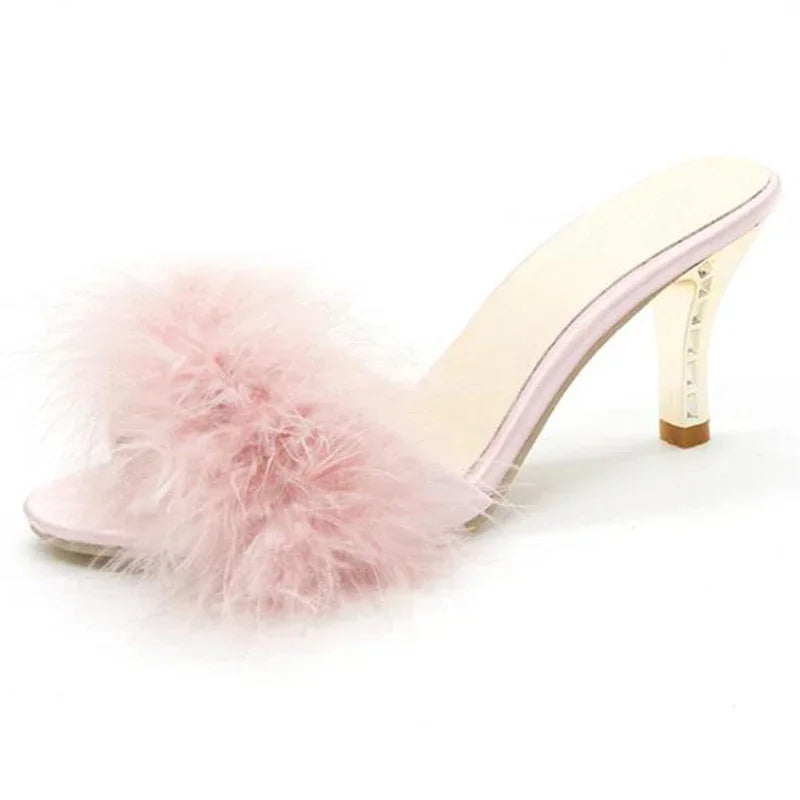 Women’s Feather Fur Peep Toe Mules – Thin High Heel Slip-On Sandals & Slides, Elegant Summer Pumps in Big Sizes