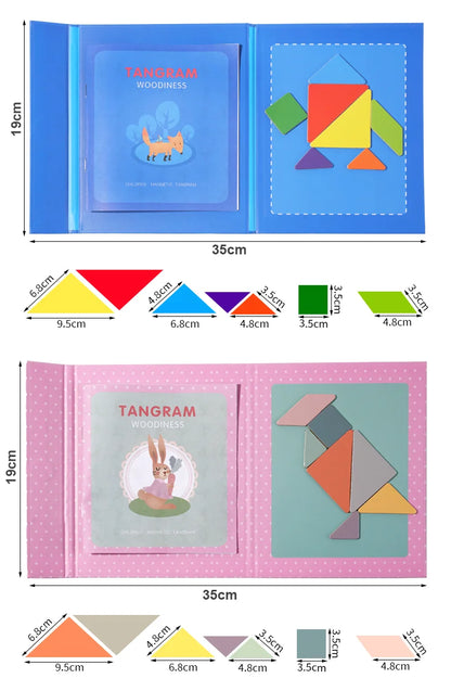 Libro magnético de tangram de madera – Juguete educativo Montessori, rompecabezas portátil para niños, infantes y desarrollo de inteligencia temprana
